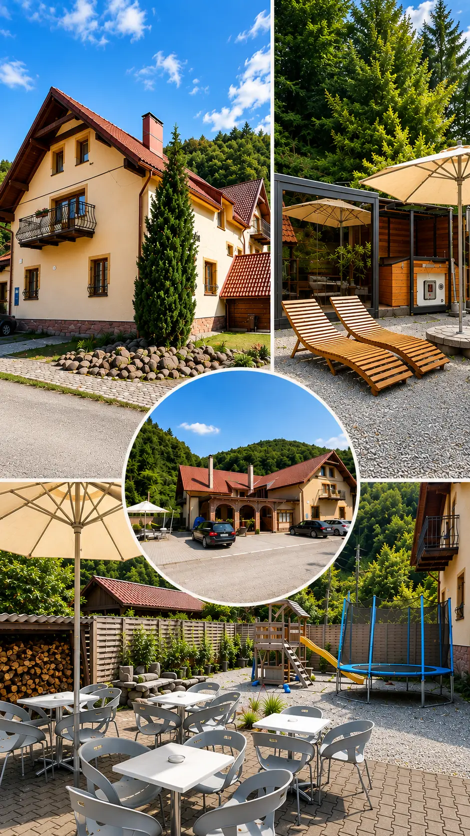 Koláž Chata Dolinka Gápel – exteriér, wellness, terasa a detské ihrisko